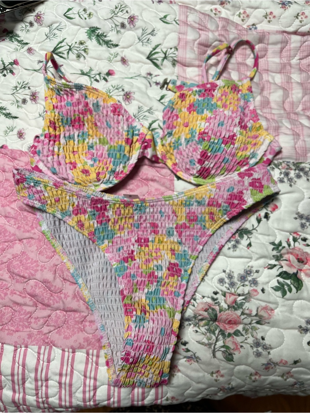 & Other Stories Pink Floral Smocked Bikini Set